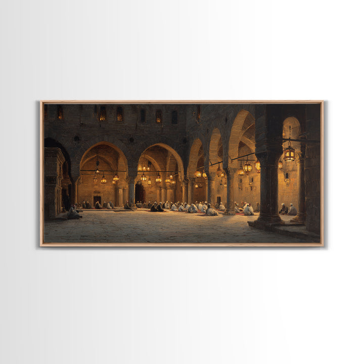 Candlelit Stone Arcade Prayer Scene Wall Art, Islamic Architecture Print, Moody Historic Decor, Large Framed Canvas, Living Room Decor