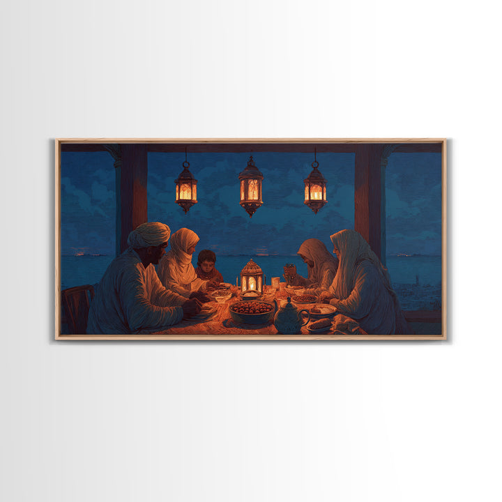 Ramadan Family Iftar By Lantern Light Wall Art, Islamic Canvas Print, Warm Spiritual Decor For Dining Room And Home, Prayer Room