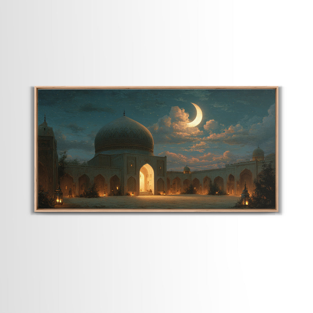 Crescent Moon Mosque Courtyard Framed Canvas Print, Islamic Wall Art, Ramadan Decor, Arabic Architecture Gift For Prayer Room Decor