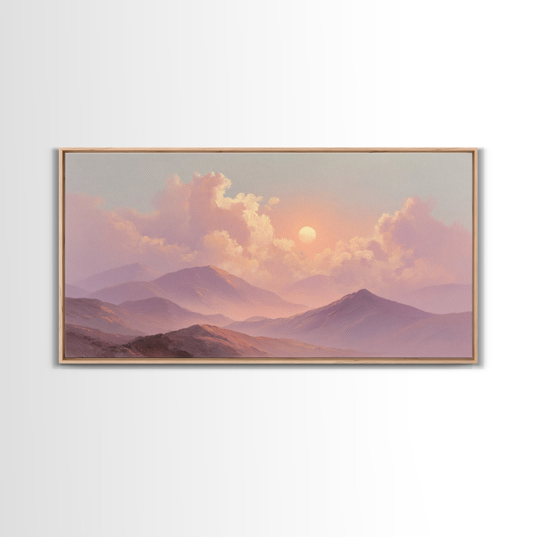 Misty Pink Mountain Sunset Wall Art, Pastel Landscape Canvas Print, Serene Nature Decor, Bedroom Above Bed Calming Wall Art