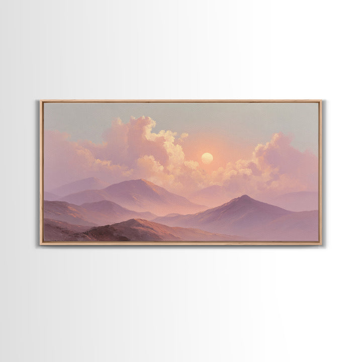 Misty Pink Mountain Sunset Wall Art, Pastel Landscape Canvas Print, Serene Nature Decor, Bedroom Above Bed Calming Wall Art