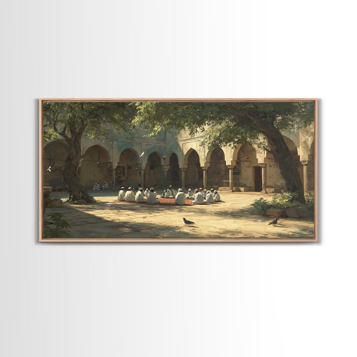 Sunlit Madrasa Courtyard Wall Art, Islamic Architecture Canvas Print, Peaceful Meditation Room Decor, Serene Travel Poster
