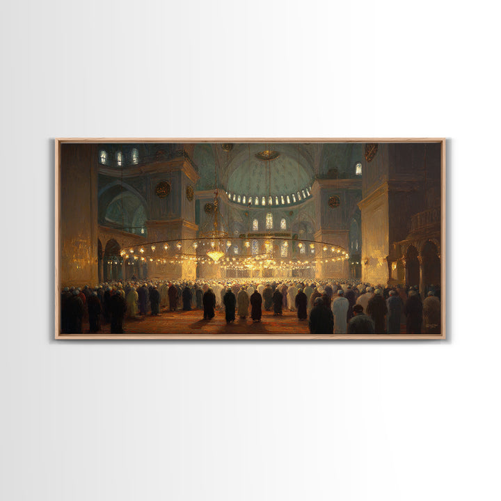 Golden Mosque Prayer Hall Interior Wall Art, Islamic Architecture Framed Canvas Print, Spiritual Decor, Eid Gift For Home