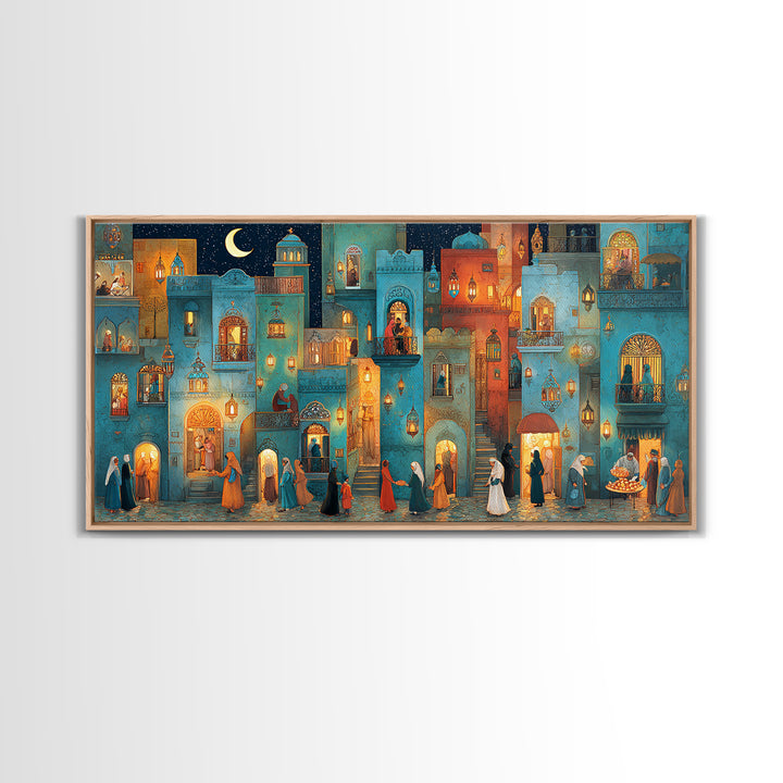 Moonlit Middle Eastern City Wall Art, Ramadan Night Canvas Print, Moroccan Decor, Islamic Home Decor, Housewarming New Home Gift