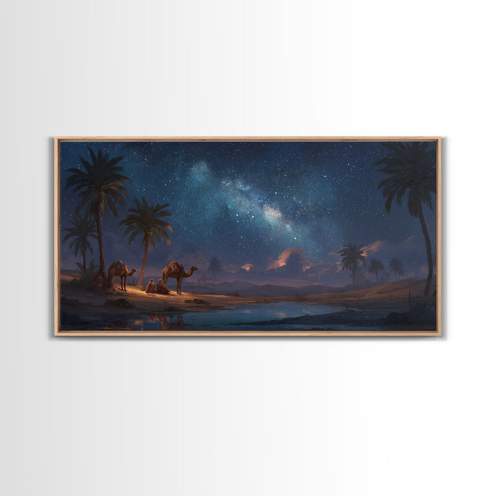 Starry Desert Oasis With Camels Wall Art, Celestial Landscape Canvas Print, Boho Travel Decor, Night Sky Gift For Him, Large Wall Decor