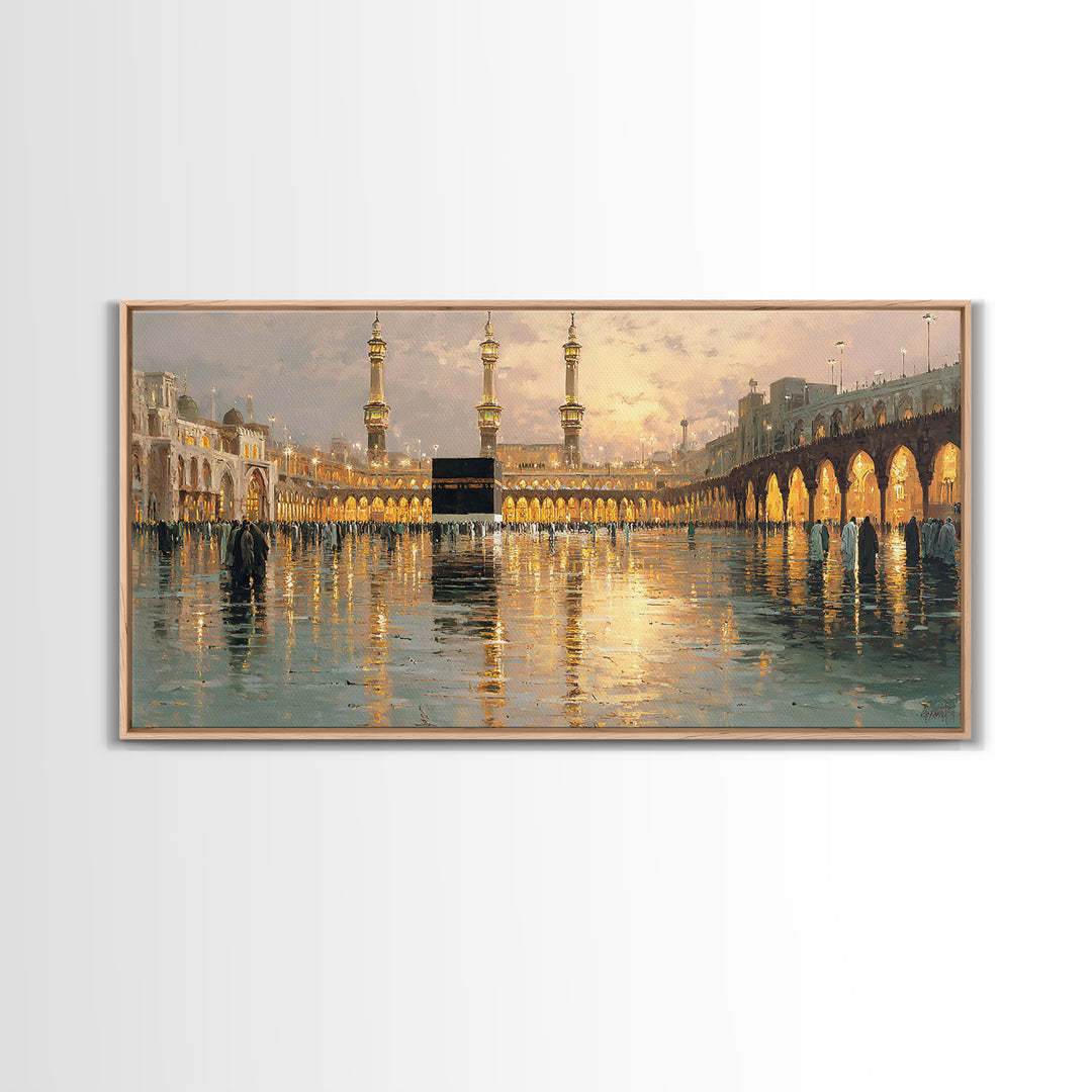 Kaaba Reflection At Masjid Al Haram Framed Canvas Print, Islamic Wall Art, Mecca Mosque Decor, Ramadan Eid Gift For Home