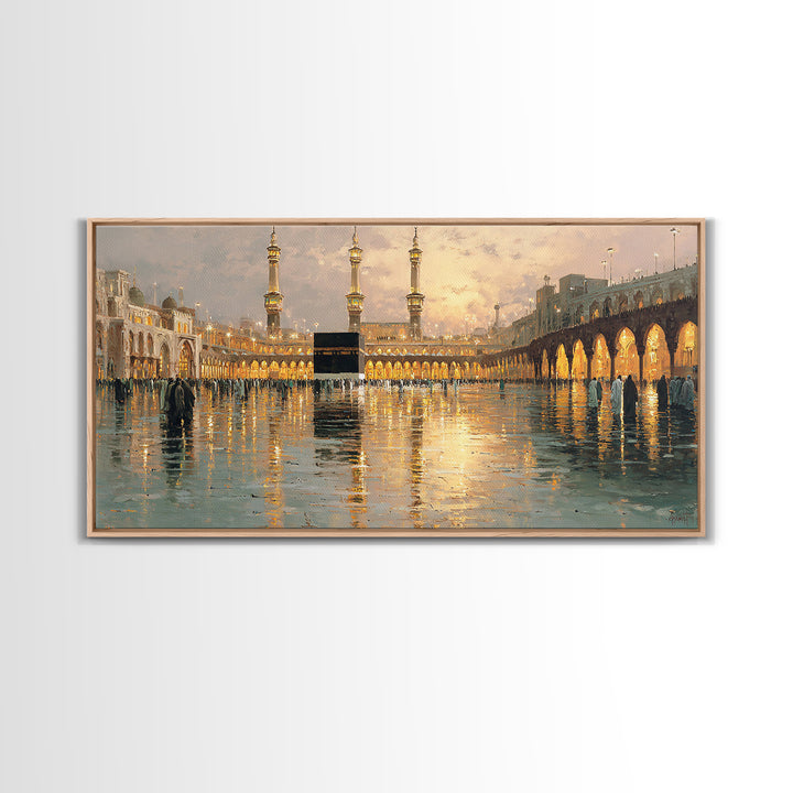 Kaaba Reflection At Masjid Al Haram Framed Canvas Print, Islamic Wall Art, Mecca Mosque Decor, Ramadan Eid Gift For Home