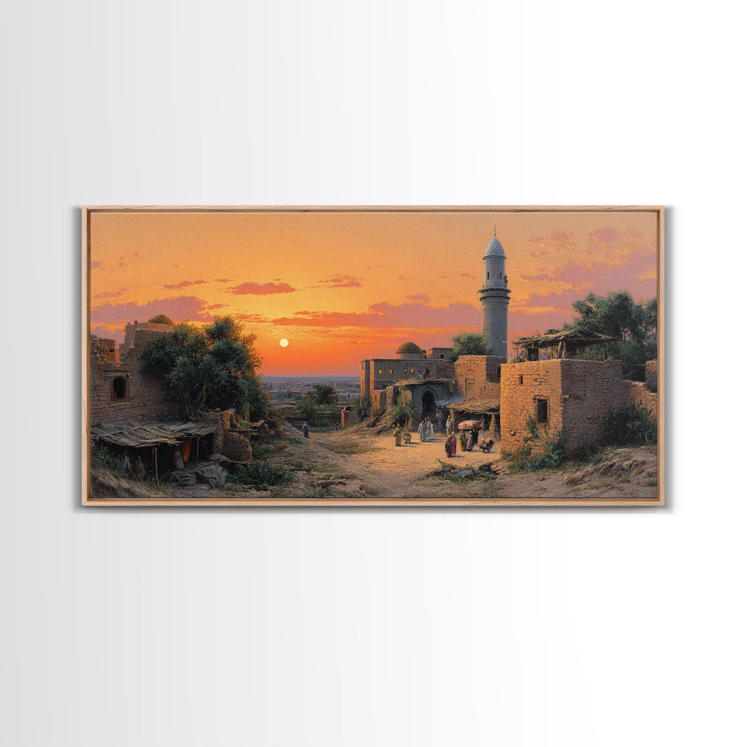 Sunset Village With Stone Mosque Wall Art, Middle Eastern Travel Poster, Islamic Home Decor, Warm Landscape Print, Gift Idea