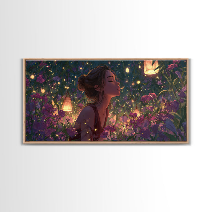 Dreamy Woman In Lantern Flower Garden Wall Art, Fantasy Canvas Print, Whimsical Floral Decor, Feminine Bedroom Gift For Her