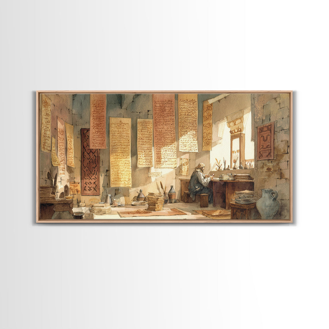 Sunlit Scribe Study Wall Art, Ancient Manuscripts Canvas, Scholarly Library Decor, Historical Calligraphy Art Print Gift