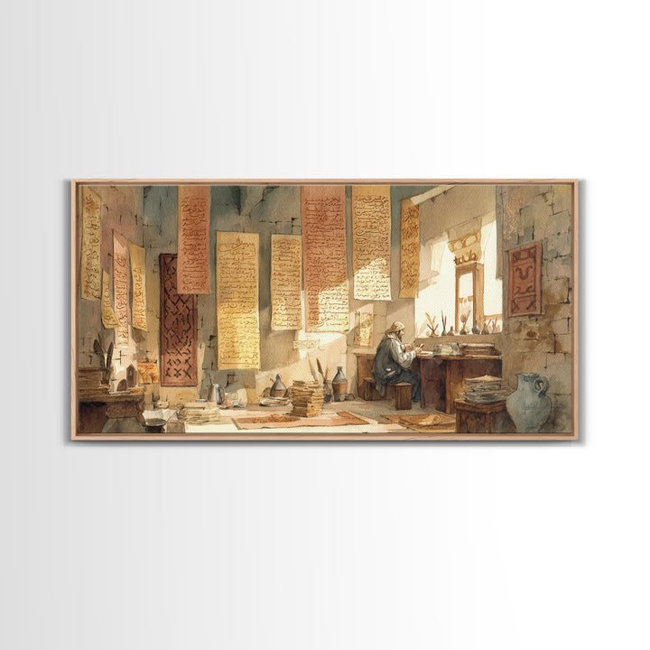 Sunlit Scribe Study Wall Art, Ancient Manuscripts Canvas, Scholarly Library Decor, Historical Calligraphy Art Print Gift