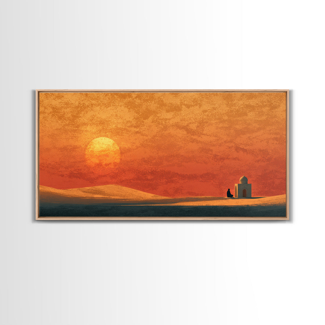 Desert Mosque At Orange Sunset Canvas Print, Islamic Wall Art, Moroccan Decor, Spiritual Art, Minimalist Home Decor Gift