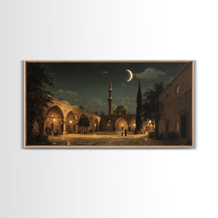 Crescent Moon Mosque Courtyard Wall Art, Islamic Framed Canvas Print, Celestial Night Decor For Prayer Room And Living Room