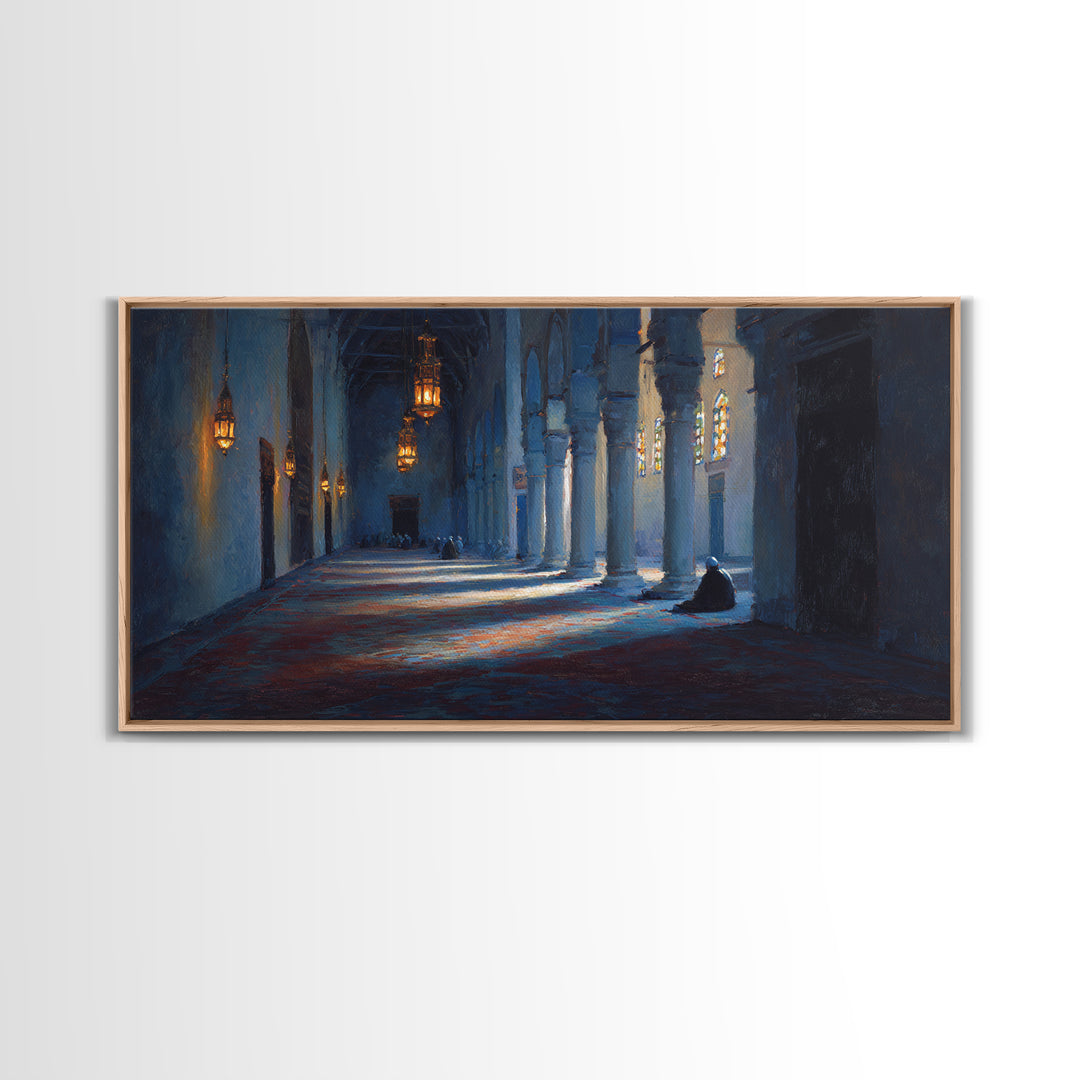 Blue Mosque Prayer Hall Wall Art, Moody Islamic Interior Canvas Print, Lantern Light, Spiritual Home Decor For Meditation