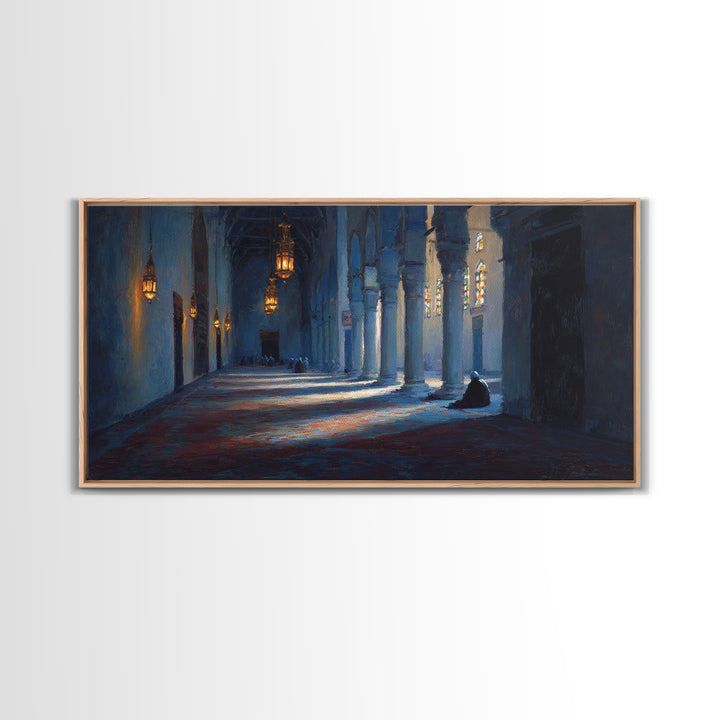 Blue Mosque Prayer Hall Wall Art, Moody Islamic Interior Canvas Print, Lantern Light, Spiritual Home Decor For Meditation