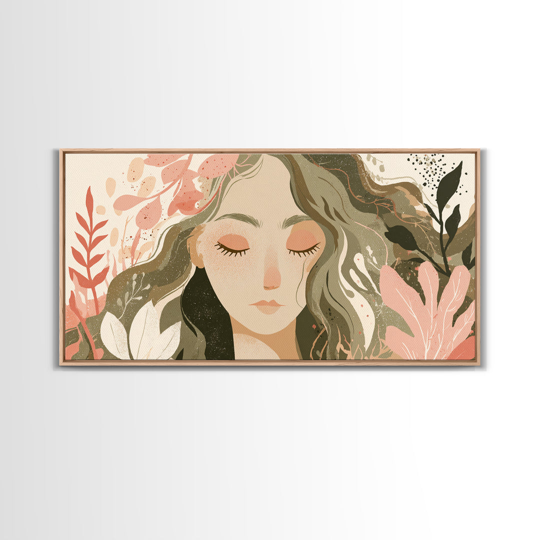 Serene Floral Woman Portrait Wall Art, Boho Botanical Canvas Wall Decor, Feminine Neutral Living Room Art Print, Gift For Her