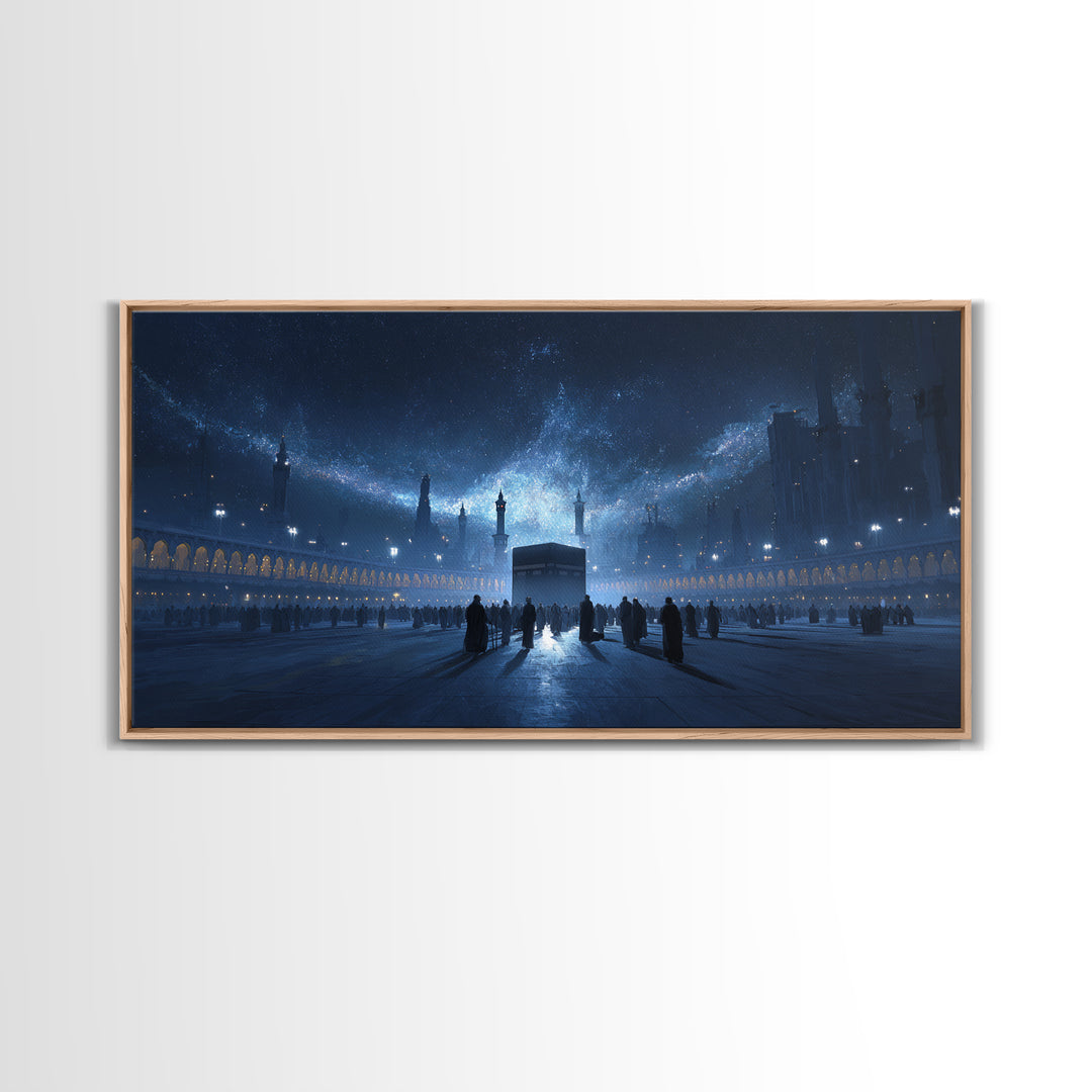Kaaba Under Starry Blue Night Wall Art, Islamic Architecture Canvas Print, Ramadan Decor, Spiritual Travel Poster Gift Idea