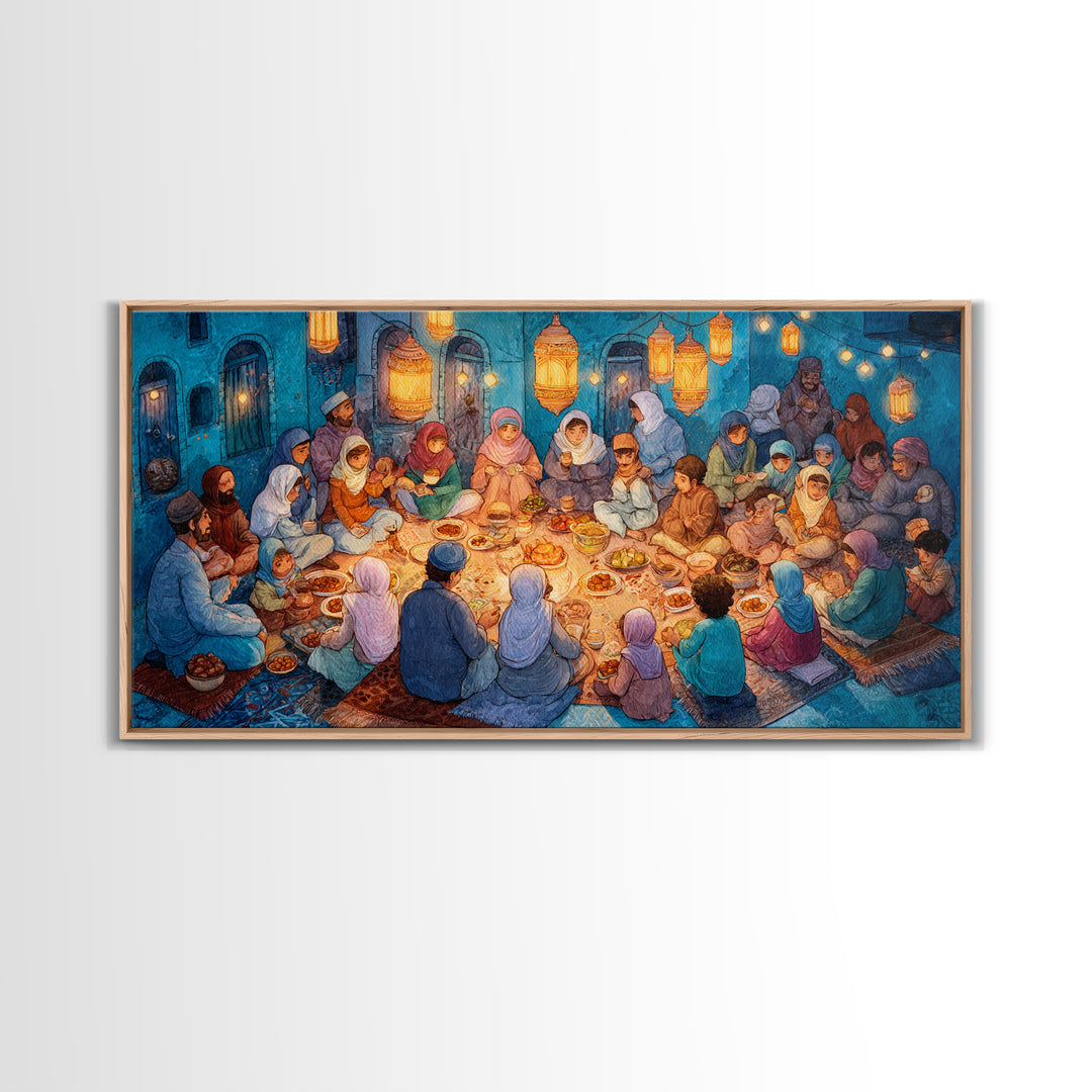 Ramadan Iftar Family Feast Under Lanterns Canvas Print, Islamic Wall Art, Eid Decor, Muslim Home Decor, Housewarming Gift