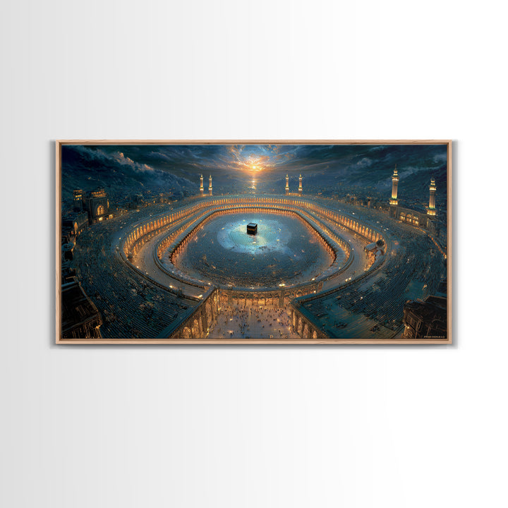 Aerial Kaaba Pilgrimage Wall Art, Islamic Framed Canvas Print, Mecca Mosque Spiritual Decor, Eid Muslim Housewarming Gift