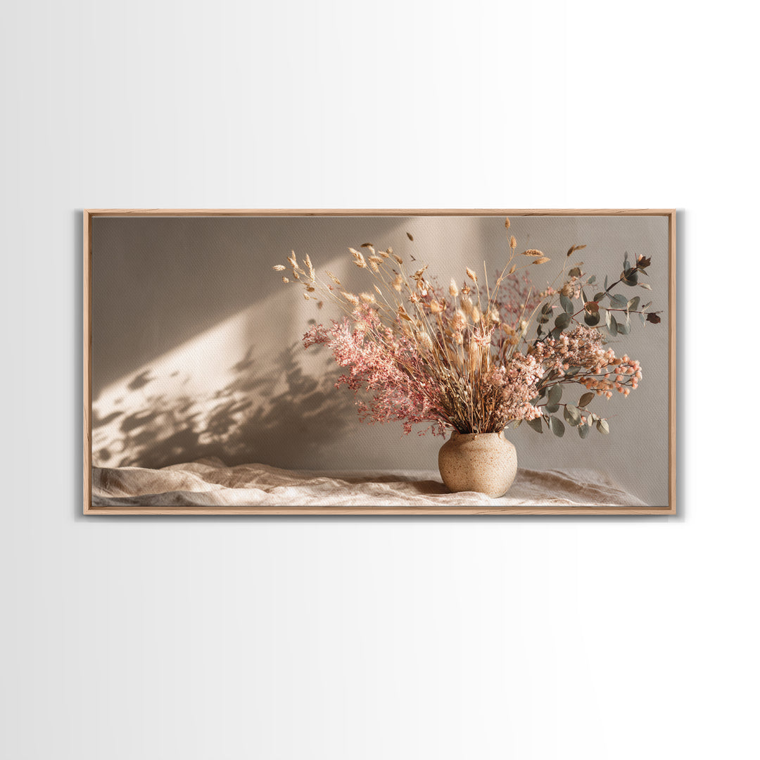 Blush Dried Floral Bouquet In Ceramic Vase Framed Canvas Print, Neutral Boho Wall Art, Earth Tone Living Room Decor Gift