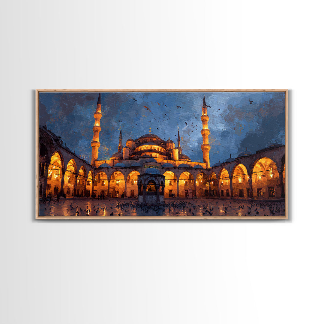 Illuminated Mosque Courtyard Wall Art, Islamic Architecture Canvas Print, Blue Evening Decor, Prayer Room Decor, Eid Gift