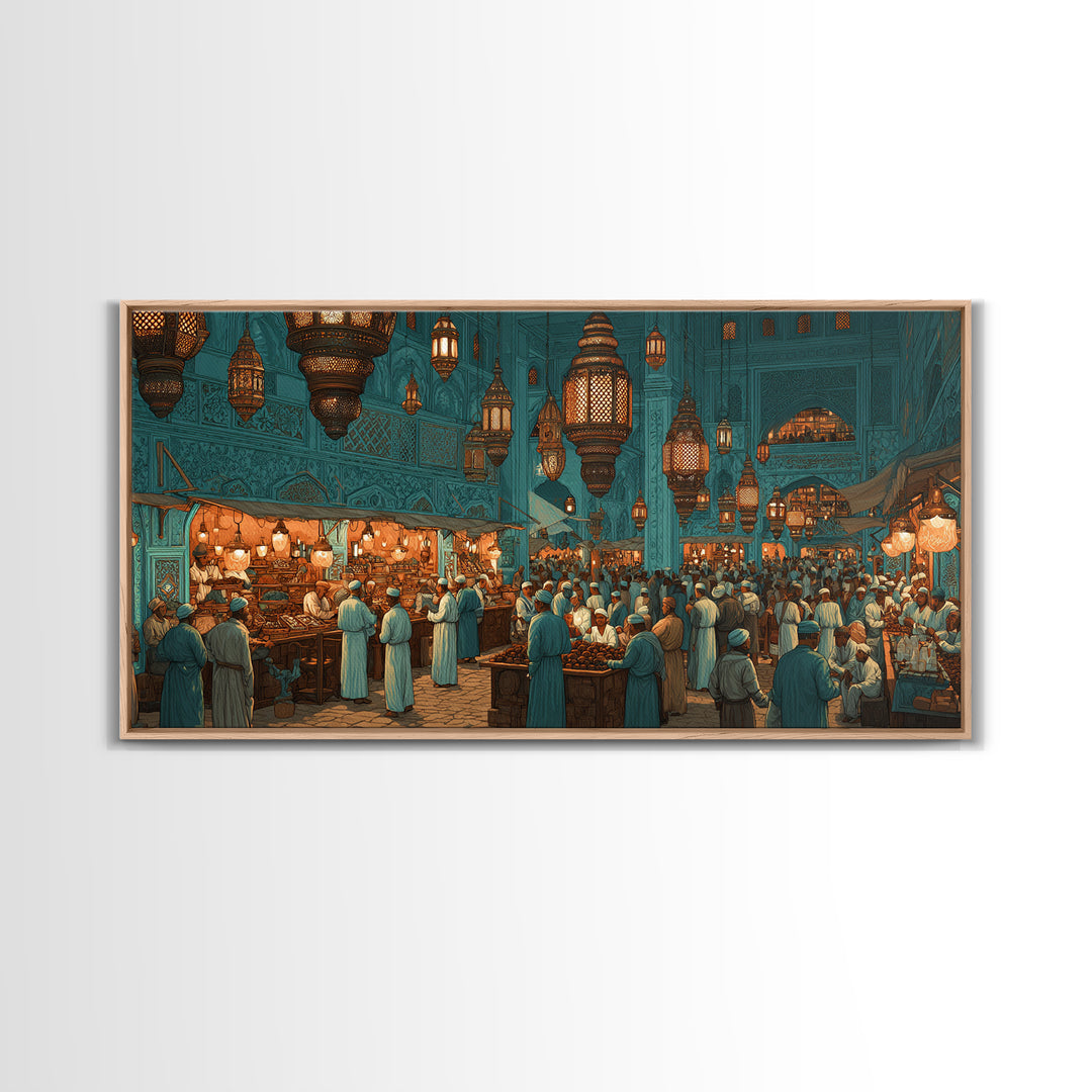 Moroccan Lantern Market Wall Art, Teal Souk Scene, Islamic Architecture Print, Middle Eastern Home Decor, Ramadan Gift For Living Room