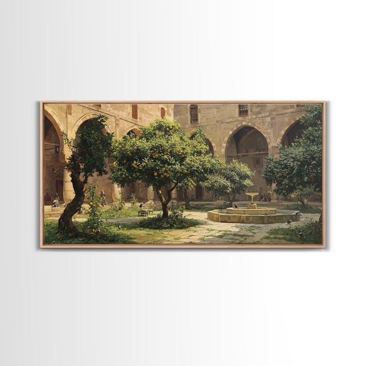 Orange Tree Courtyard Wall Art, Mediterranean Garden Canvas Print, Italian Villa Decor, Rustic Landscape, Housewarming Gift