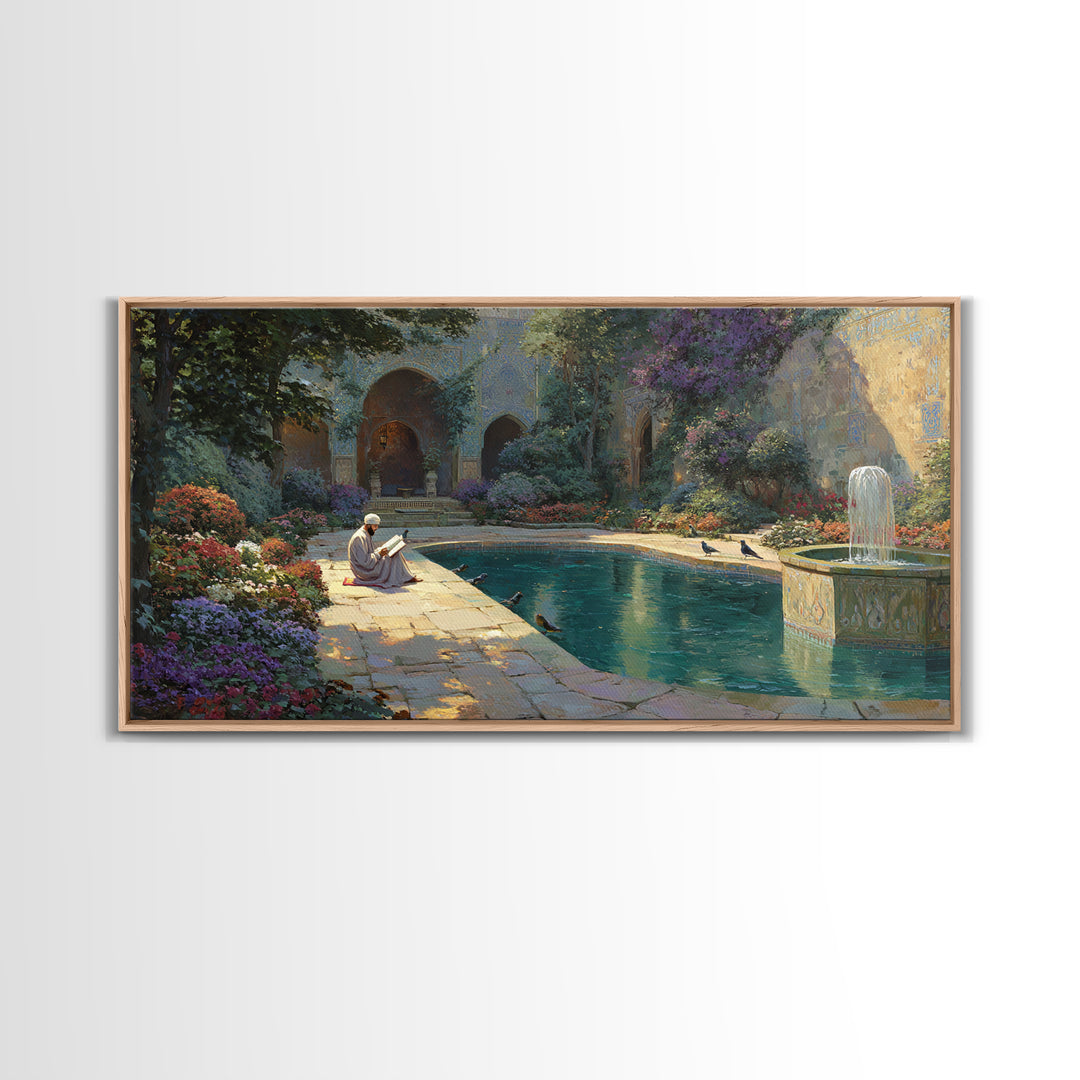 Serene Courtyard Garden With Fountain Wall Art, Mediterranean Canvas Print, Islamic Architecture, Peaceful Reading Nook Decor