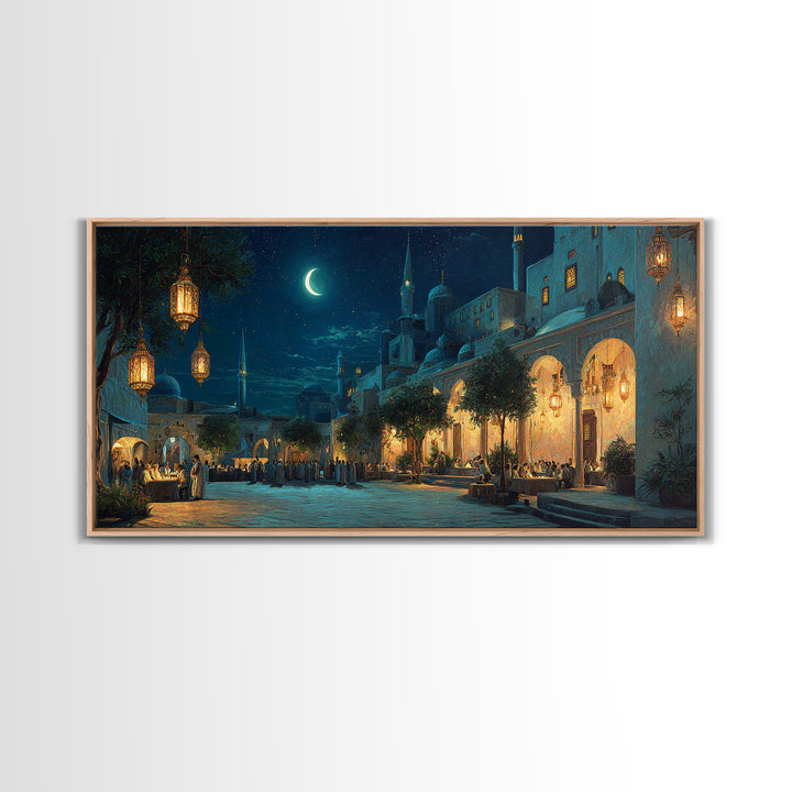 Moonlit Middle Eastern Market Street Wall Art, Islamic Architecture Canvas Print, Ramadan Decor, Moroccan Night Poster, Eid Gift