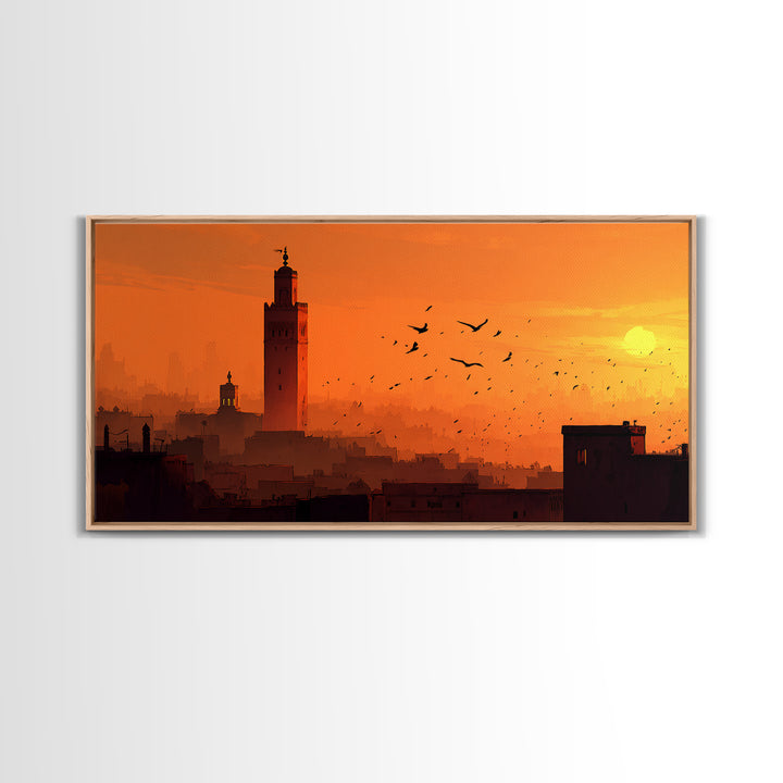 Orange Marrakech Skyline Wall Art, Moroccan Tower Sunset Canvas Print, Travel Poster, Islamic Architecture, Warm Home Decor