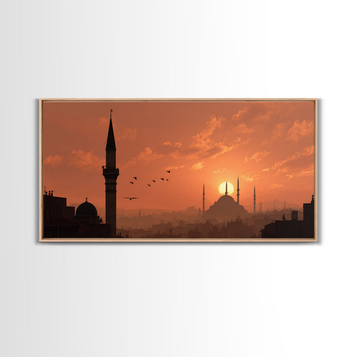 Orange Mosque Skyline At Sunset Wall Art, Islamic Architecture Print, Middle Eastern Decor, Ramadan Eid Gift For Home Decor