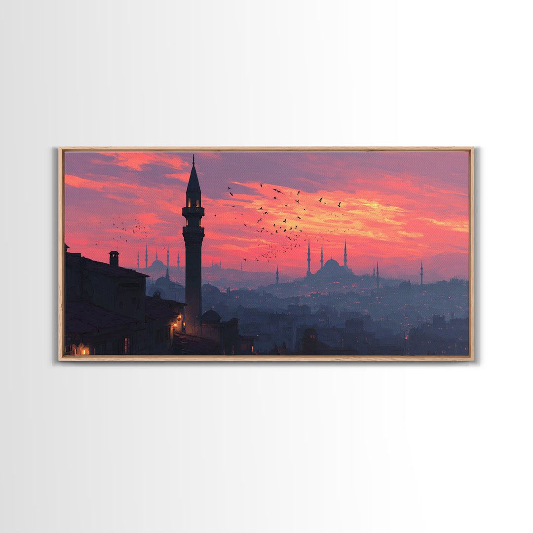 Istanbul Minarets At Pink Sunset Wall Art, Turkish Skyline Canvas Print, Middle Eastern Decor, Travel Poster, Islamic Art