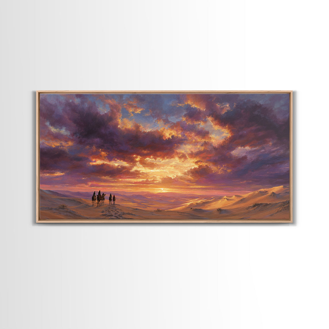 Desert Caravan At Purple Sunset Wall Art, Arabian Landscape Canvas Print, Dunes Travel Poster, Warm Boho Home Decor Gift
