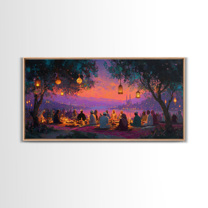 Lantern Lit Sunset Iftar Gathering Canvas Print, Islamic Wall Art, Ramadan Decor, Middle Eastern Home Decor Gift For Family