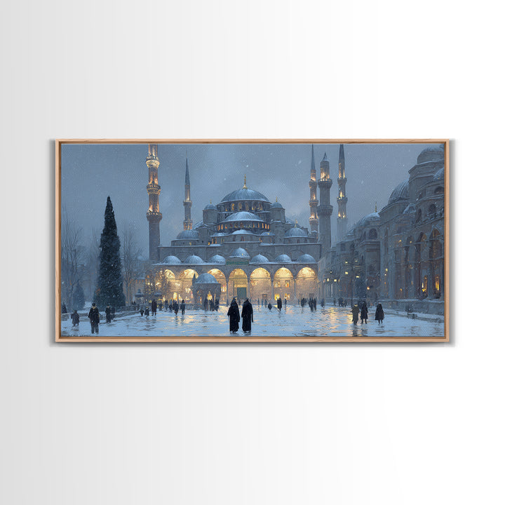 Snowy Istanbul Mosque Framed Canvas Print, Islamic Architecture Wall Art, Blue Winter Cityscape, Elegant Home Decor Gift
