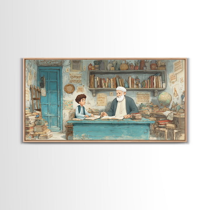 Wise Teacher And Child In Arabic Library Wall Art, Islamic Calligraphy Canvas Print, Scholarly Office Decor Gift For Teacher