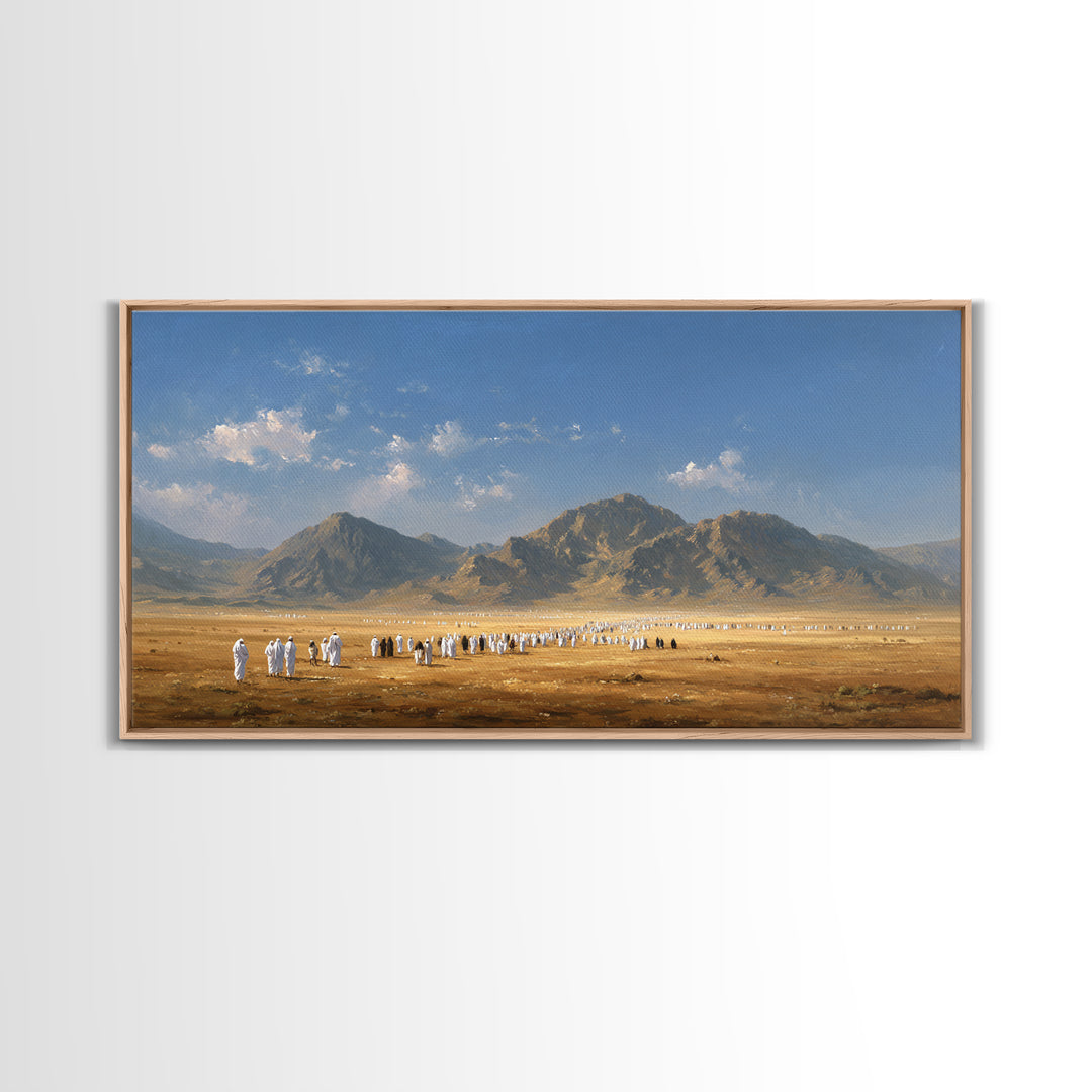 Desert Pilgrimage Beneath Rugged Mountains Framed Canvas Print, Islamic Wall Art, Panoramic Landscape Home Decor Gift Idea