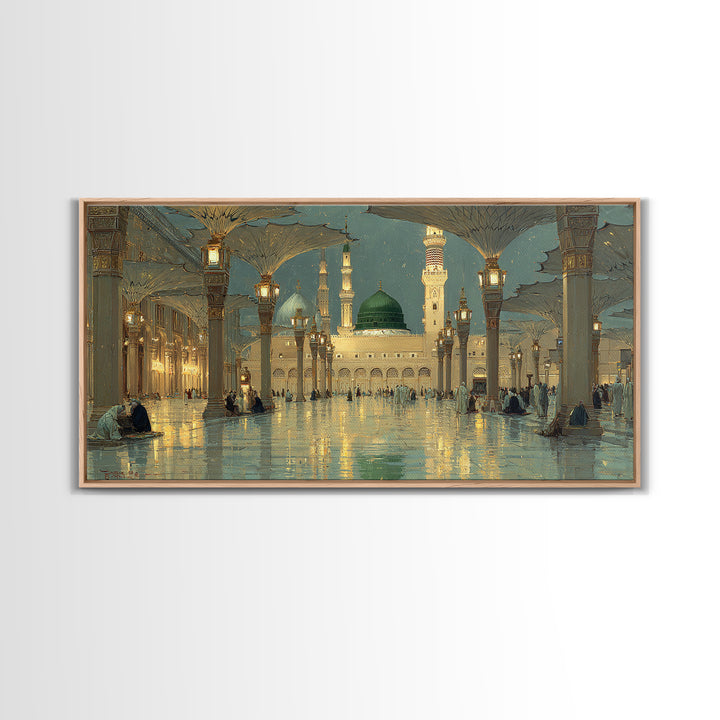 Golden Mosque Courtyard At Night Wall Art, Islamic Architecture Art Print, Serene Ramadan Decor And Muslim Gift For Prayer Room
