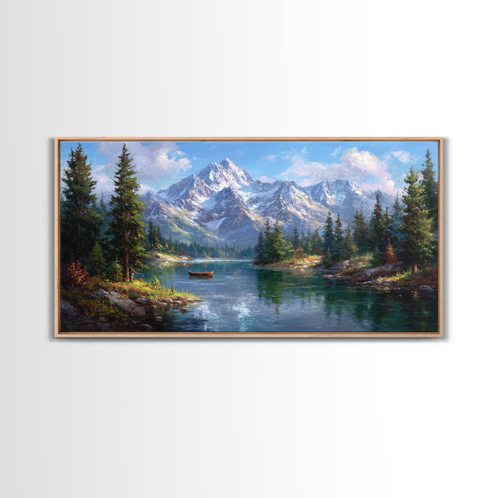 Snowy Mountain Lake With Canoe Framed Canvas Print, Alpine Landscape Wall Art, Rustic Cabin Decor, Nature Gift For Living Room