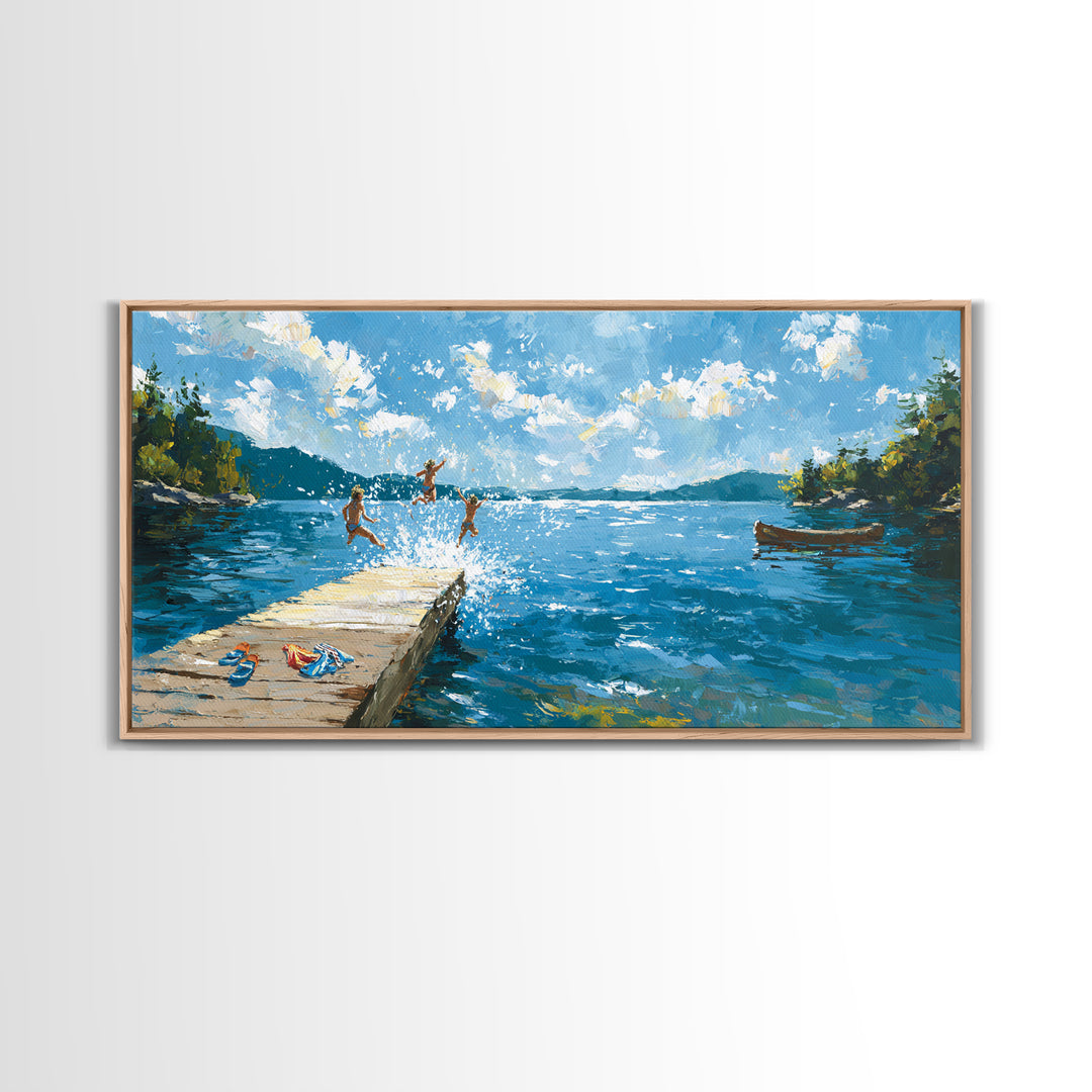 Summer Lake Dock Wall Art, Kids Swimming And Canoe Canvas, Bright Coastal Cabin Decor, Lake House Living Room Print Gift
