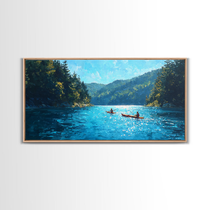 Kayakers On Blue Mountain Lake Wall Art, Forest Landscape Canvas Print, Calming Nature Decor, Serene Cabin Living Room Wall Art