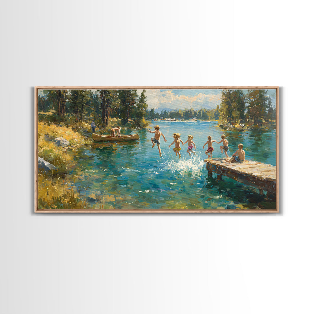 Children Jumping Into Summer Lake Canvas Print, Impressionist Landscape Wall Art, Cabin Decor, Lake House Art, Family Gift