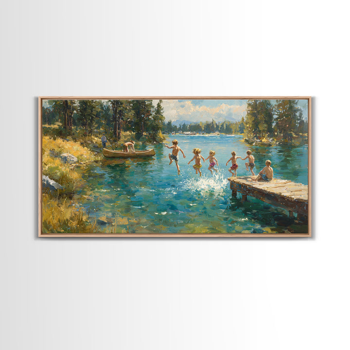 Children Jumping Into Summer Lake Canvas Print, Impressionist Landscape Wall Art, Cabin Decor, Lake House Art, Family Gift