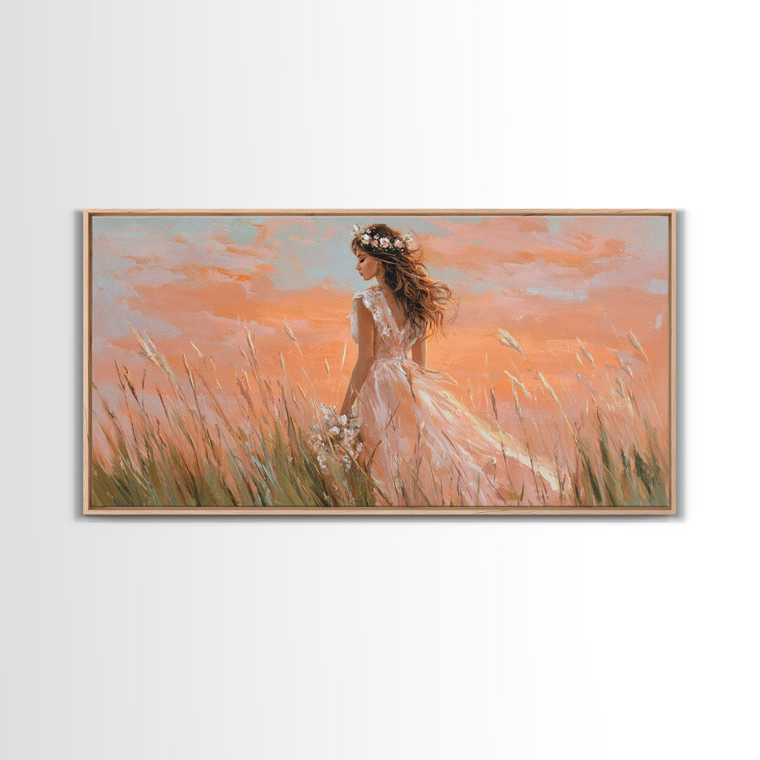 Boho Bride In Golden Meadow Canvas Print, Romantic Feminine Wall Art, Soft Peach Sunset Bedroom Decor, Wedding Gift For Her