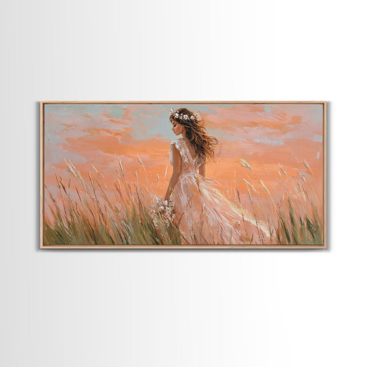 Boho Bride In Golden Meadow Canvas Print, Romantic Feminine Wall Art, Soft Peach Sunset Bedroom Decor, Wedding Gift For Her