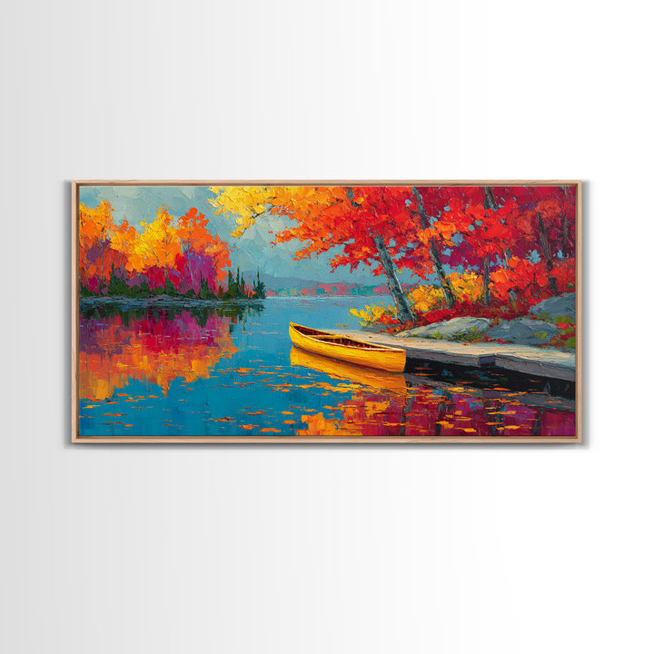 Autumn Canoe Lake Painting Canvas Print, Colorful Fall Landscape Wall Art, Lake House Decor, Rustic Cabin Living Room Art