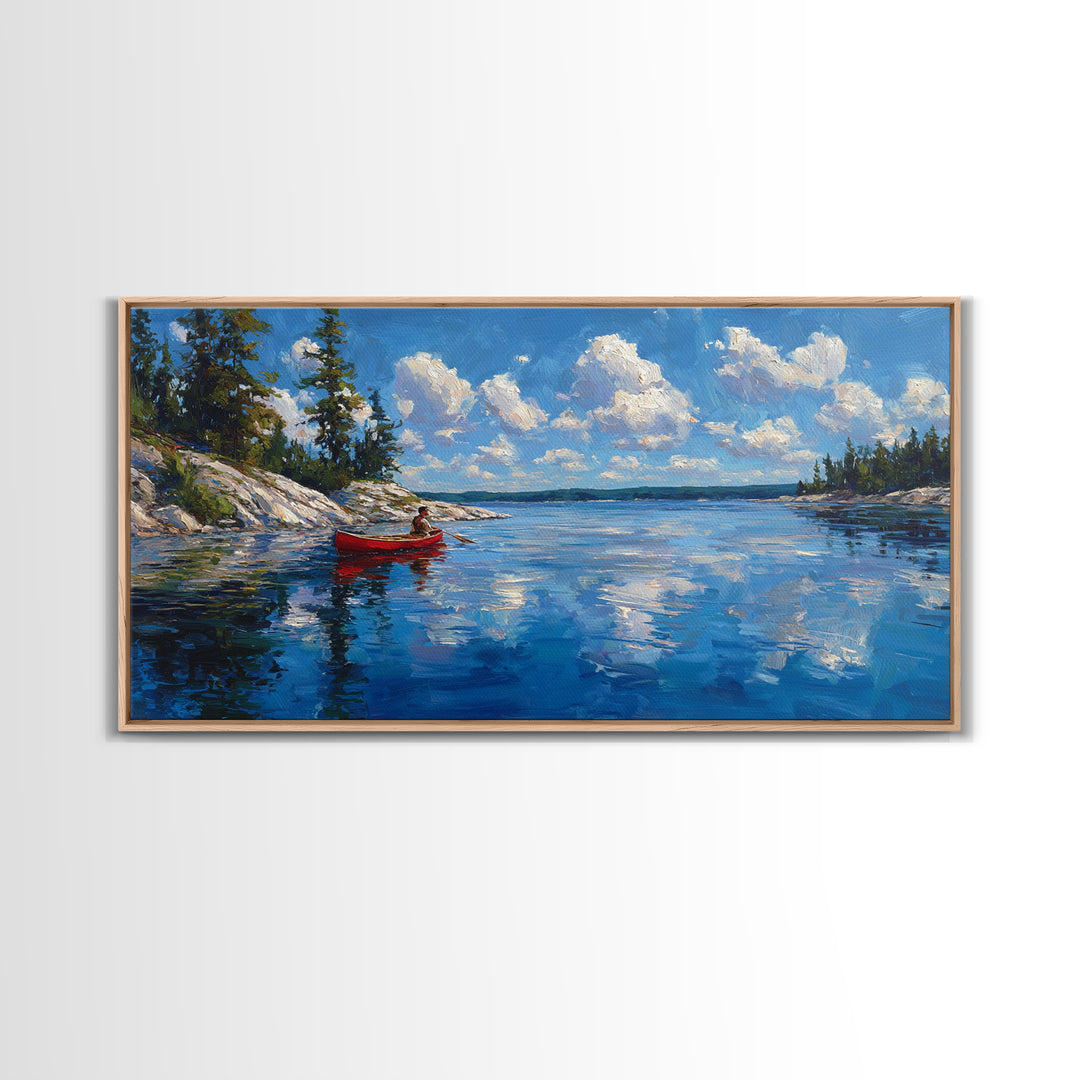 Red Kayak Mountain Lake Wall Art, Blue Water Landscape Canvas, Peaceful Cabin Decor For Lake House, Nature Art Print Gift