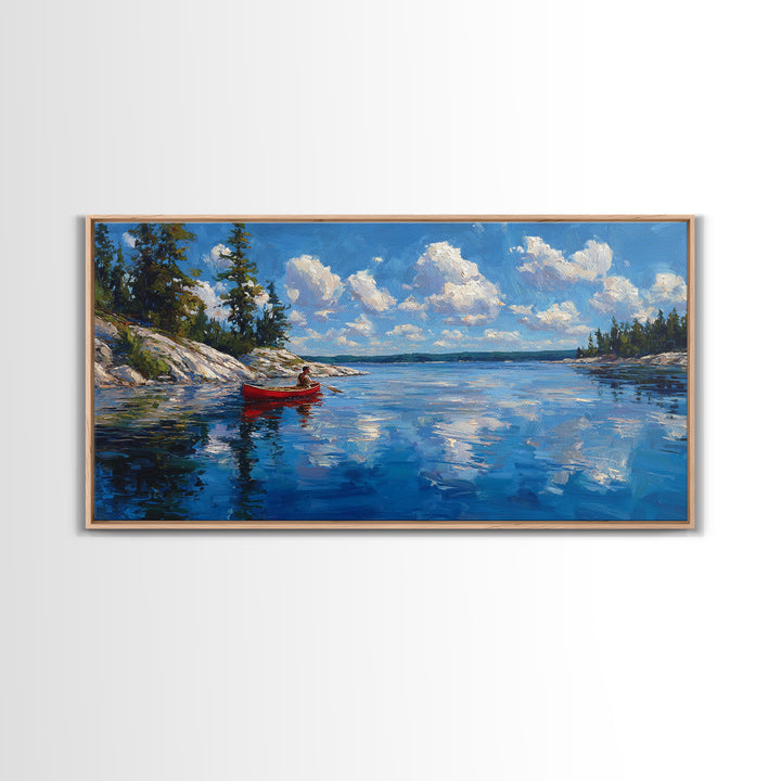 Red Kayak Mountain Lake Wall Art, Blue Water Landscape Canvas, Peaceful Cabin Decor For Lake House, Nature Art Print Gift