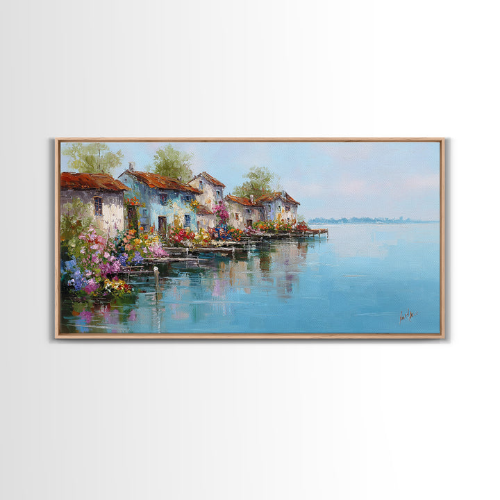 Mediterranean Village Reflected On Blue Water Wall Art, Italian Coastal Canvas Print, Lake Como Decor, European Home Decor