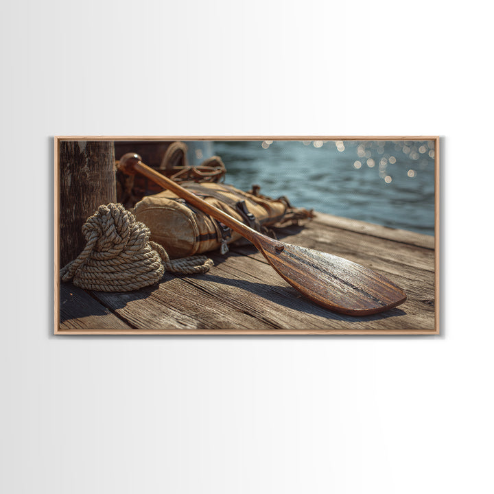 Weathered Paddle And Rope On Dock Canvas Print, Nautical Wall Art, Lake House Decor, Coastal Cabin Gift, Rustic Boat Print
